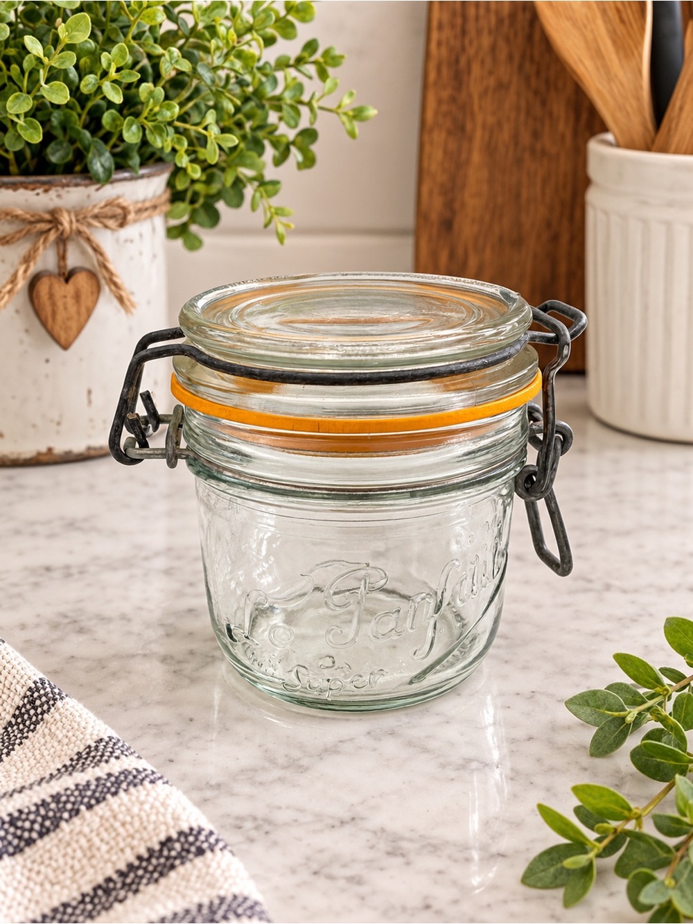 Le Parfait Glass Jar with Clamp Lid & Orange Rubber Seal French Kitchen Storage